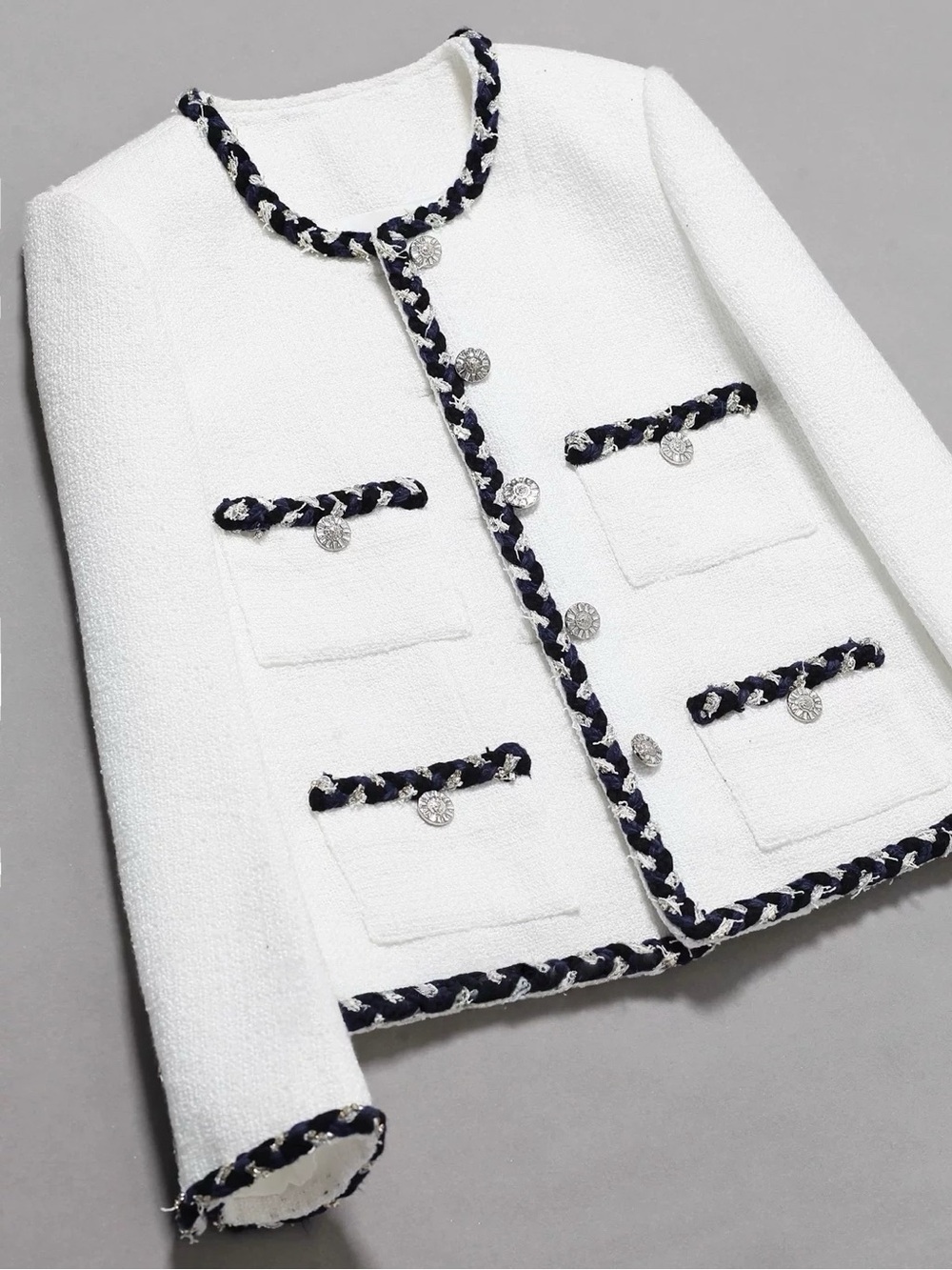 Designer-style White Cruise Tweed Chain-Trim Jacket